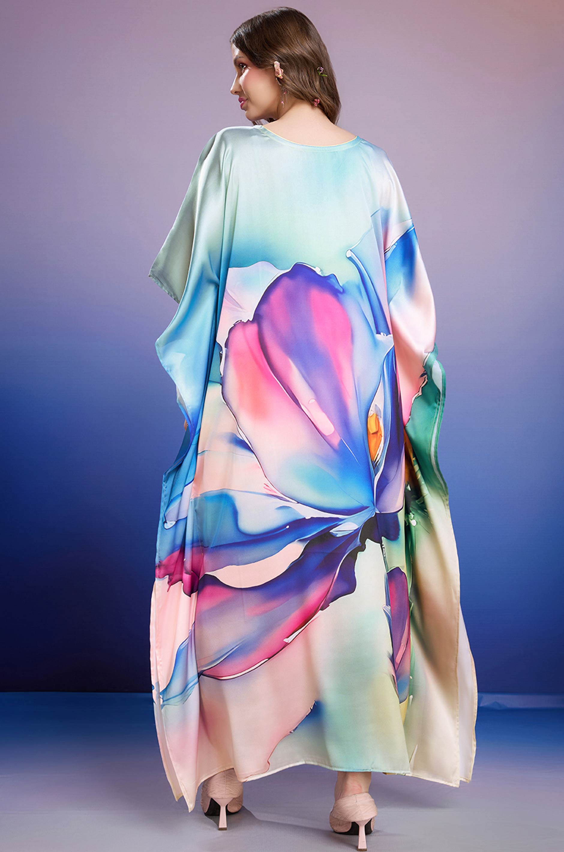 Blue Petal Grace Soft Satin Kaftan with Digital Print