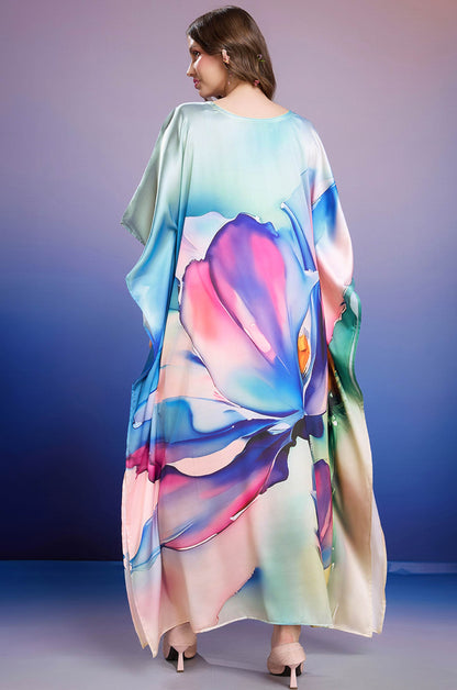 Blue Petal Grace Soft Satin Kaftan with Digital Print