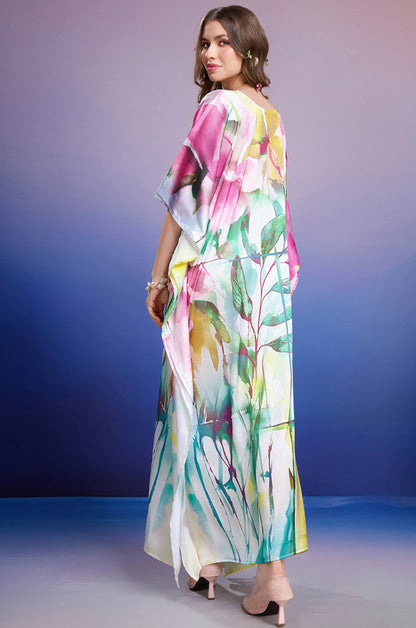 Leafy Dawn Soft Satin Kaftan with Digital Print