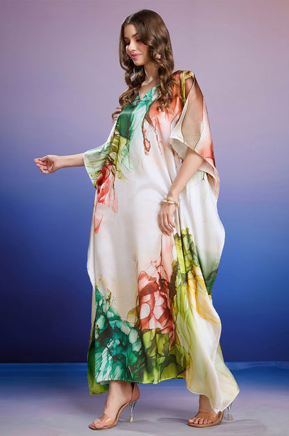 Luminous Garden Soft Satin Kaftan with Digital Print