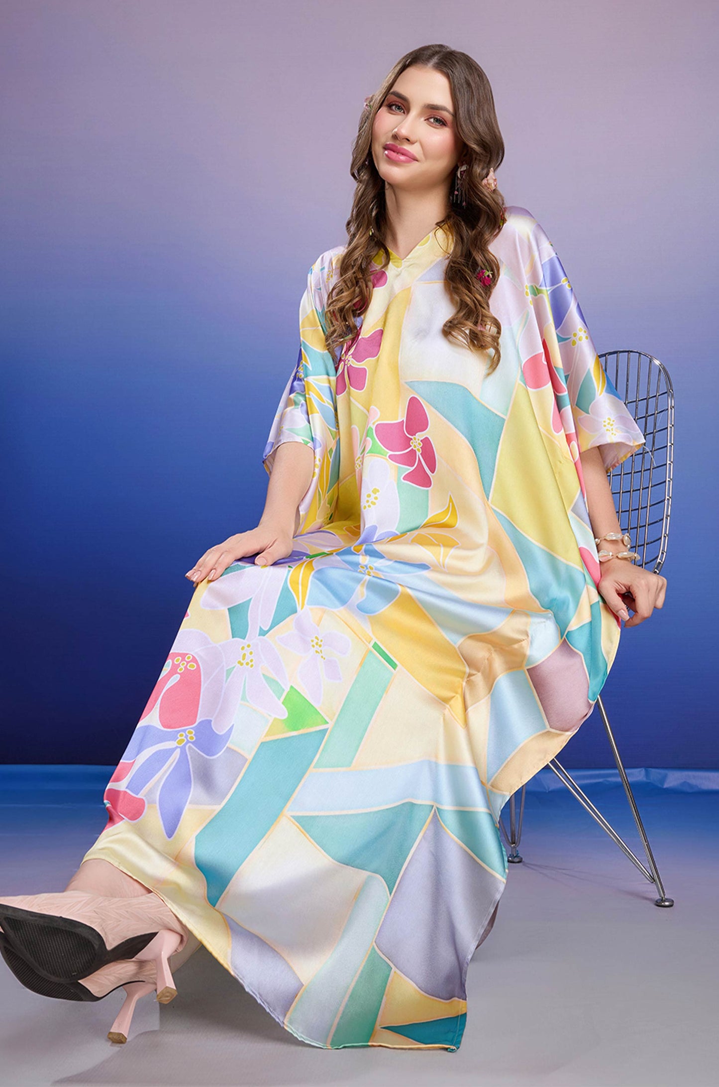Lemon Blossom Soft Satin Kaftan with Digital Print
