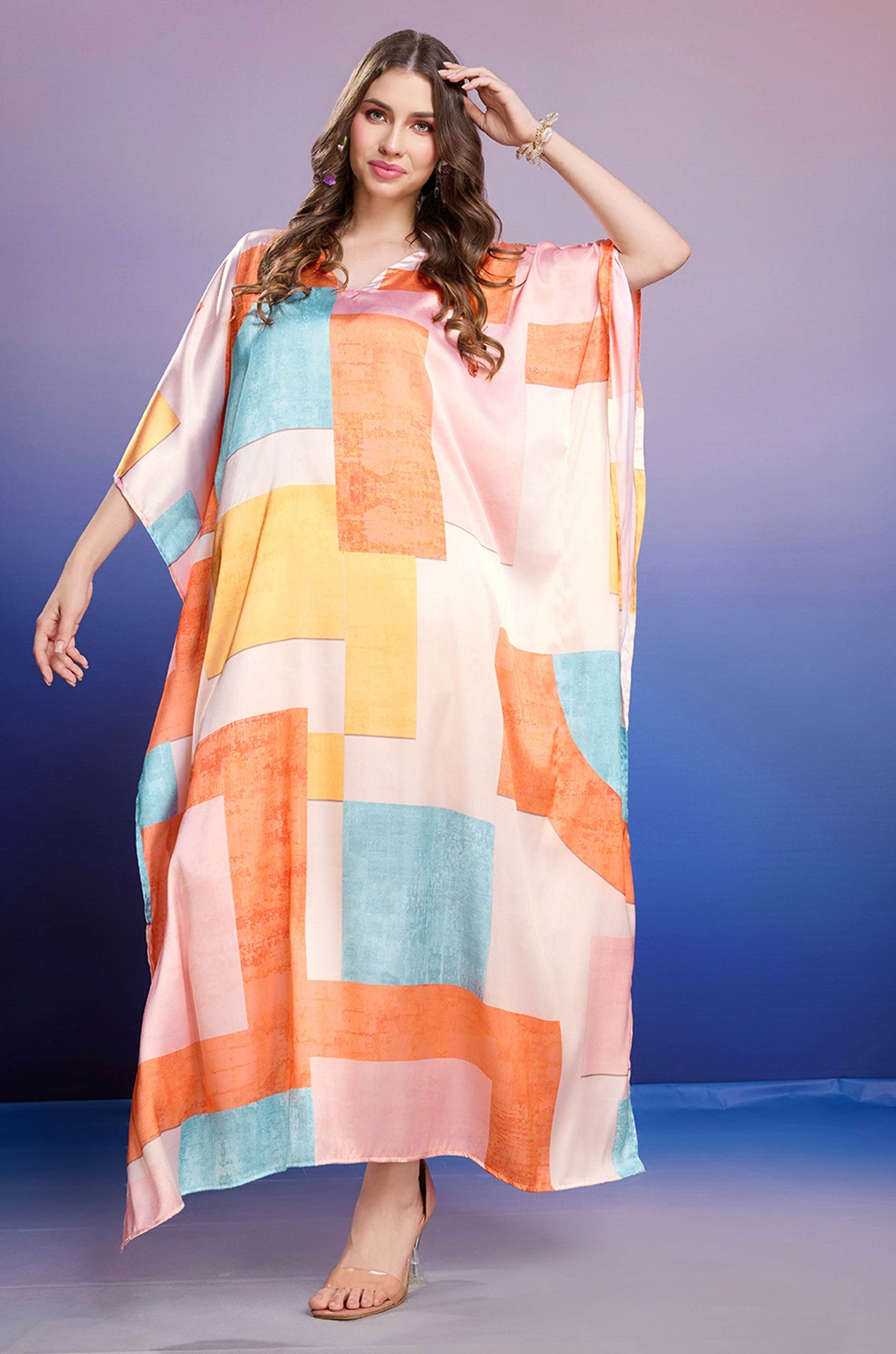 Saffron Breeze Soft Satin Kaftan with Digital Print