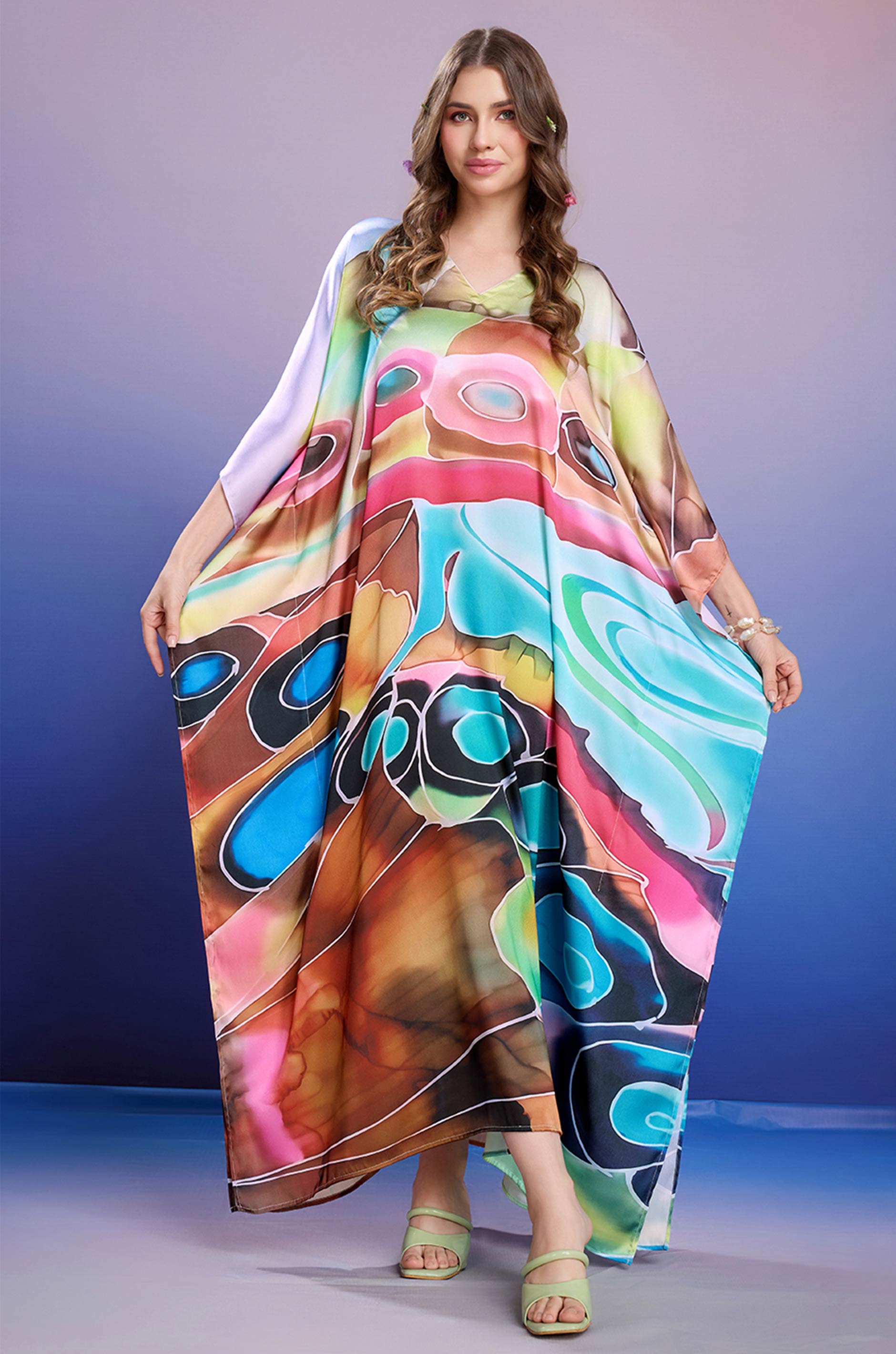 Prismatic Bliss Soft Satin Kaftan with Digital Print