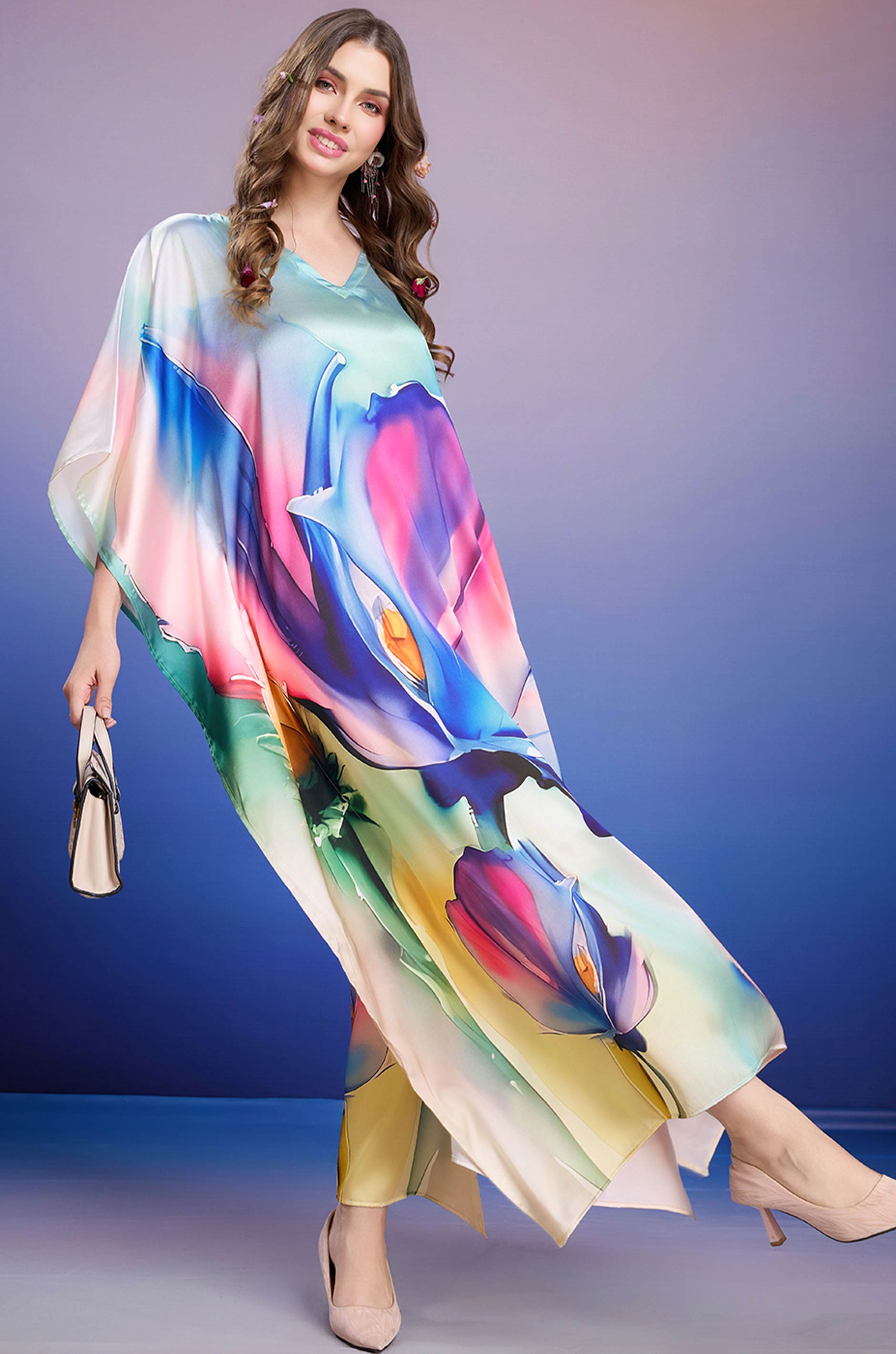 Blue Petal Grace Soft Satin Kaftan with Digital Print