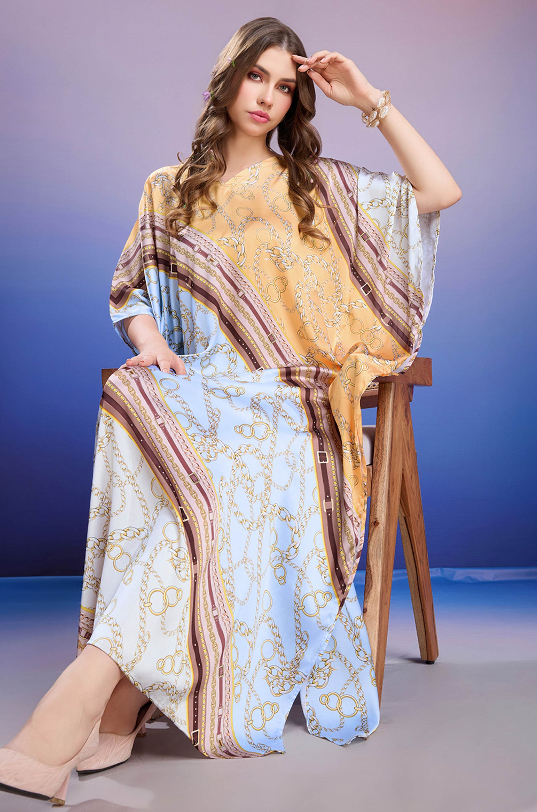 Chain of Luxe Soft Satin Kaftan with Digital Print