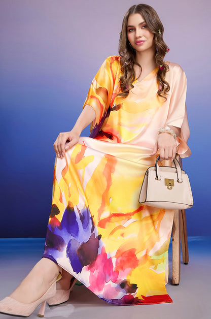 Color Burst Soft Satin Kaftan with Digital Print