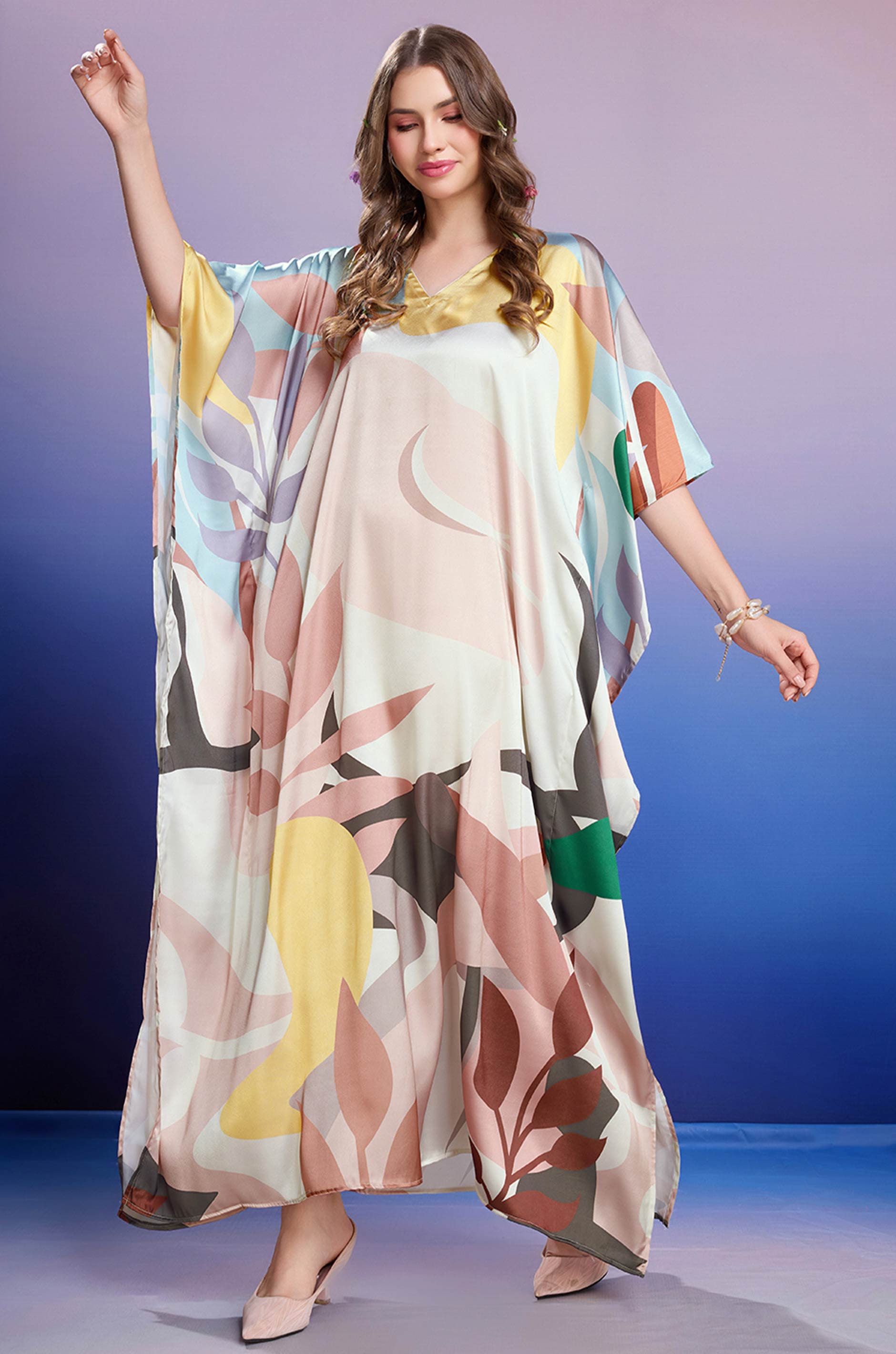 Rosy Mist Soft Satin Kaftan with Digital Print