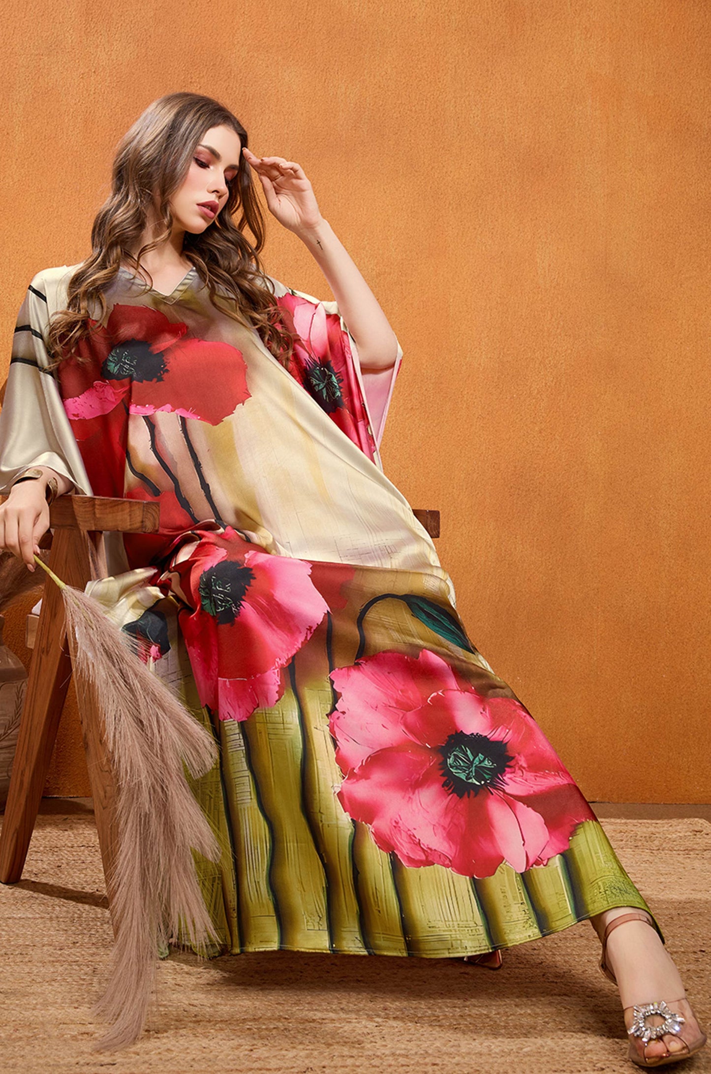 Rosewood Flame Soft Satin Kaftan with Digital Print