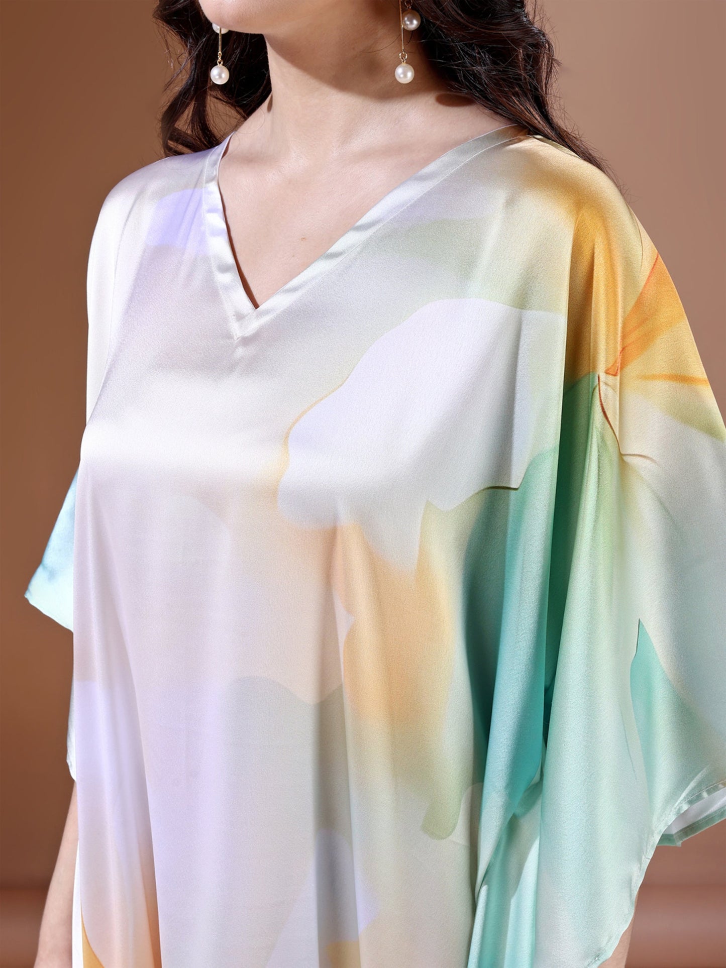 Aqua Waves Soft Satin Kaftan with Digital Print