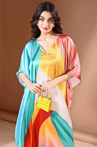 Rainbow Mirage Soft Satin Kaftan with Digital Print