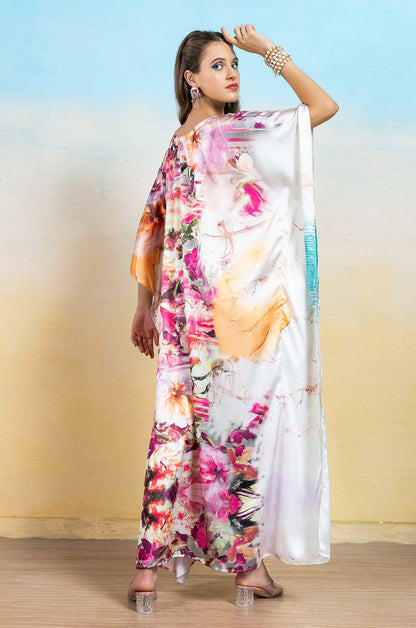 Rosette Bloom Soft Satin Women Dress Kaftan