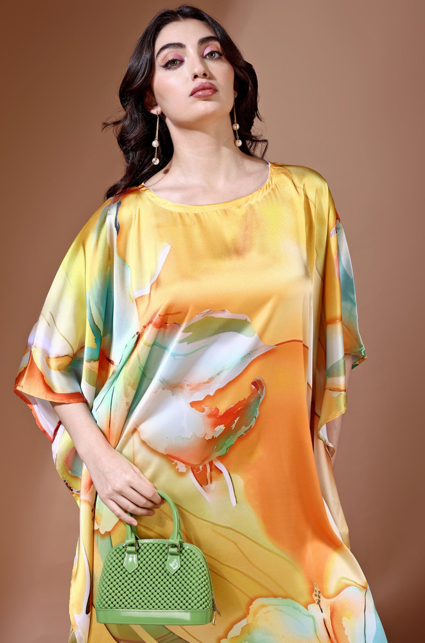 Sunset Bloom Soft Satin Kaftan with Digital Print