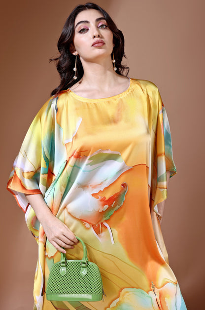 Sunset Bloom Soft Satin Kaftan with Digital Print