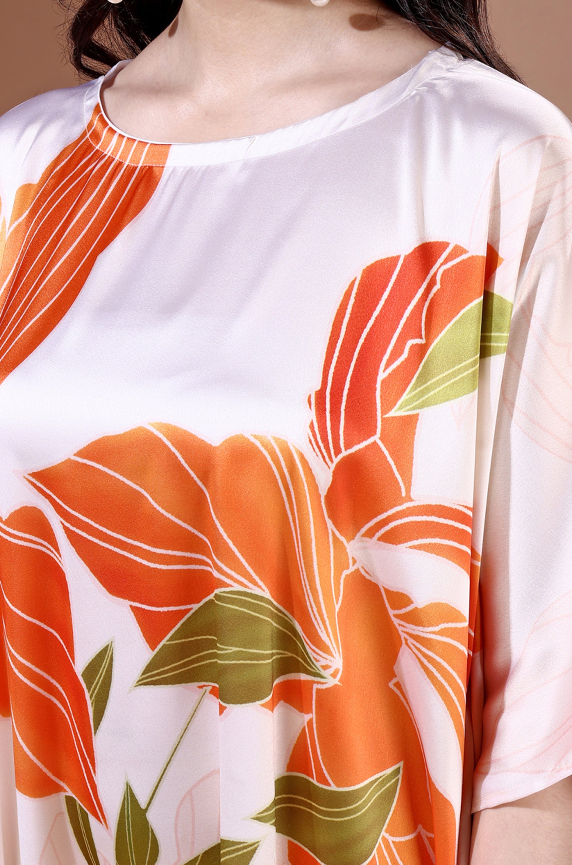 Tangerine Blossom Soft Satin Kaftan with Digital Print