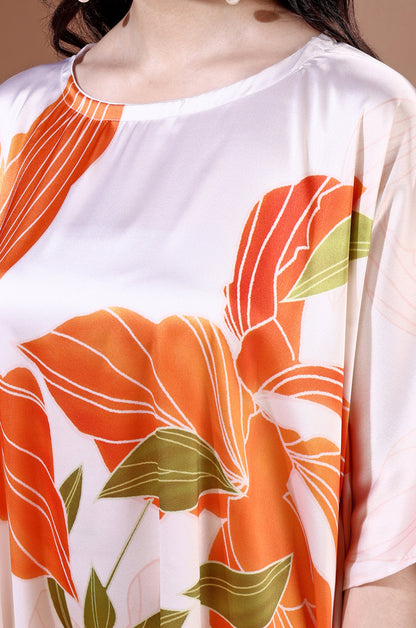 Tangerine Blossom Soft Satin Kaftan with Digital Print