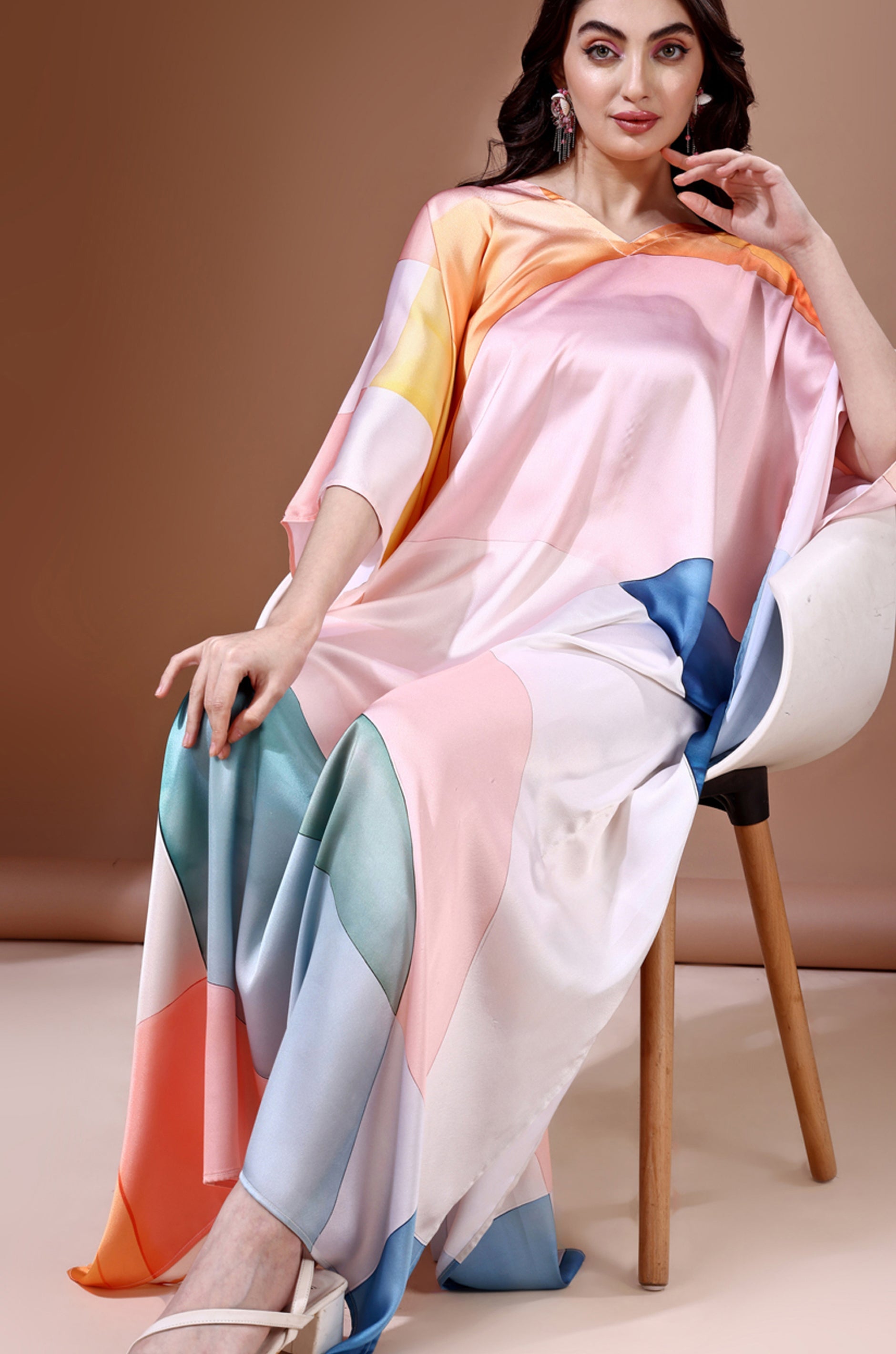 Pastel Dreamscape Soft Satin Kaftan with Digital Print