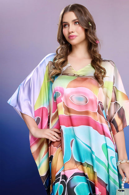 Prismatic Bliss Soft Satin Kaftan with Digital Print