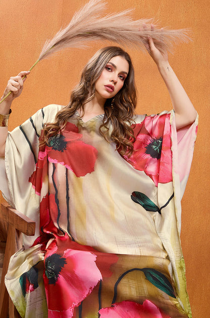 Rosewood Flame Soft Satin Kaftan with Digital Print