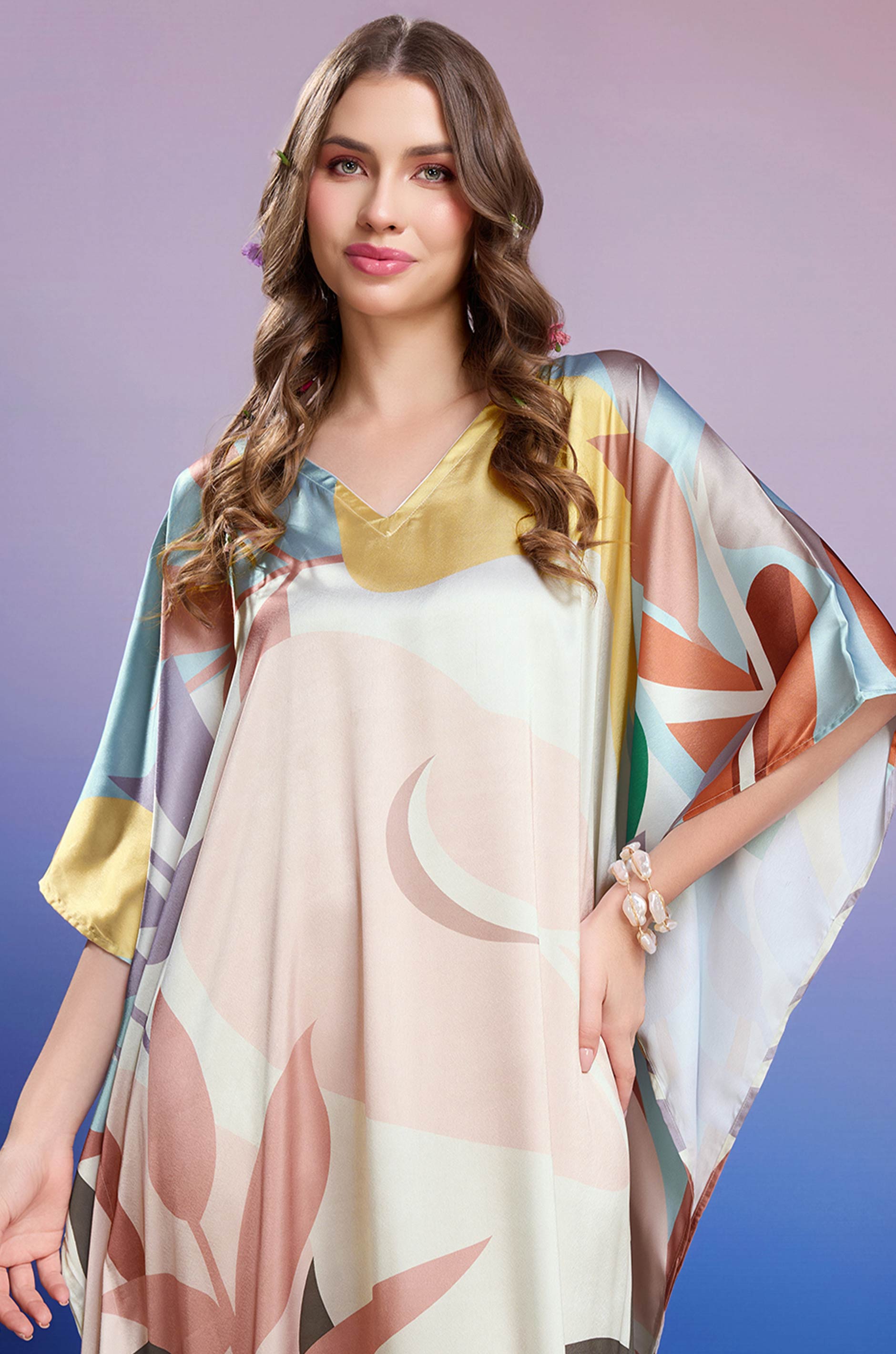 Rosy Mist Soft Satin Kaftan with Digital Print