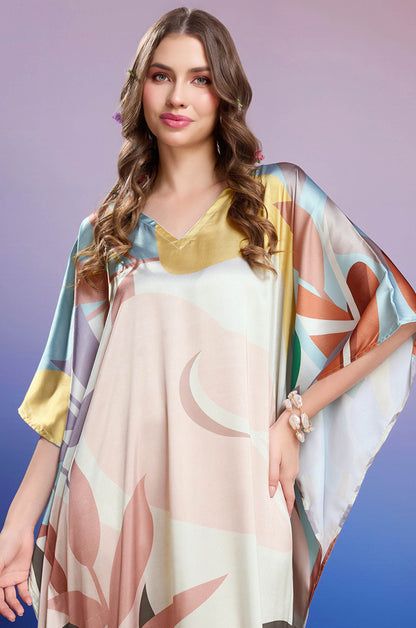 Rosy Mist Soft Satin Kaftan with Digital Print
