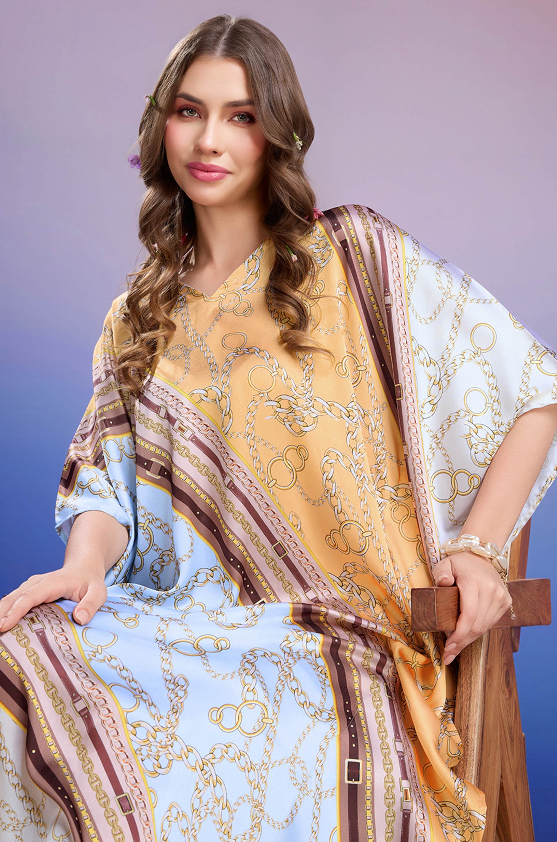 Chain of Luxe Soft Satin Kaftan with Digital Print