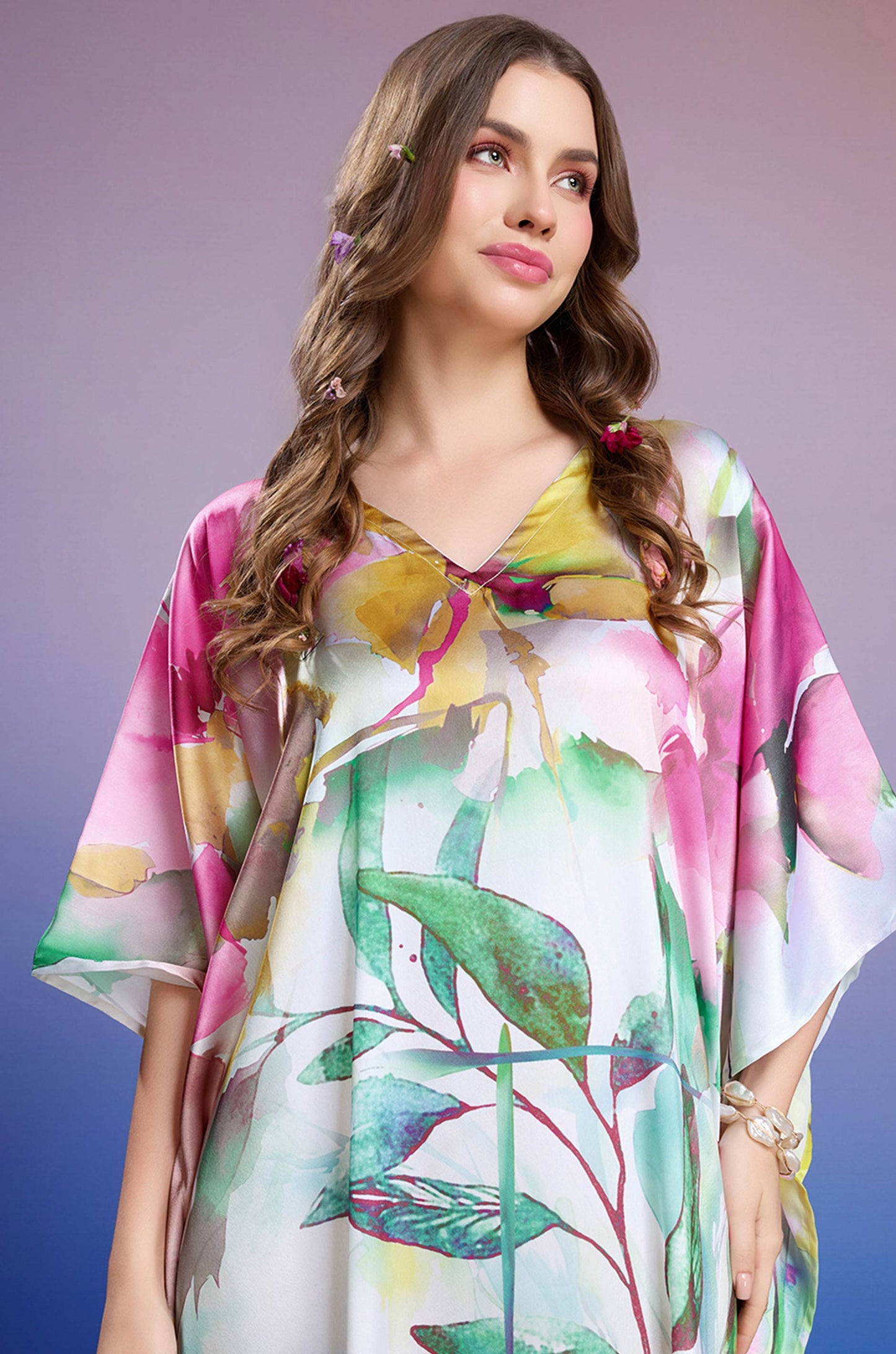 Leafy Dawn Soft Satin Kaftan with Digital Print