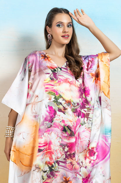 Rosette Bloom Soft Satin Women Dress Kaftan