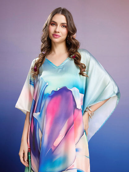 Blue Petal Grace Soft Satin Kaftan with Digital Print