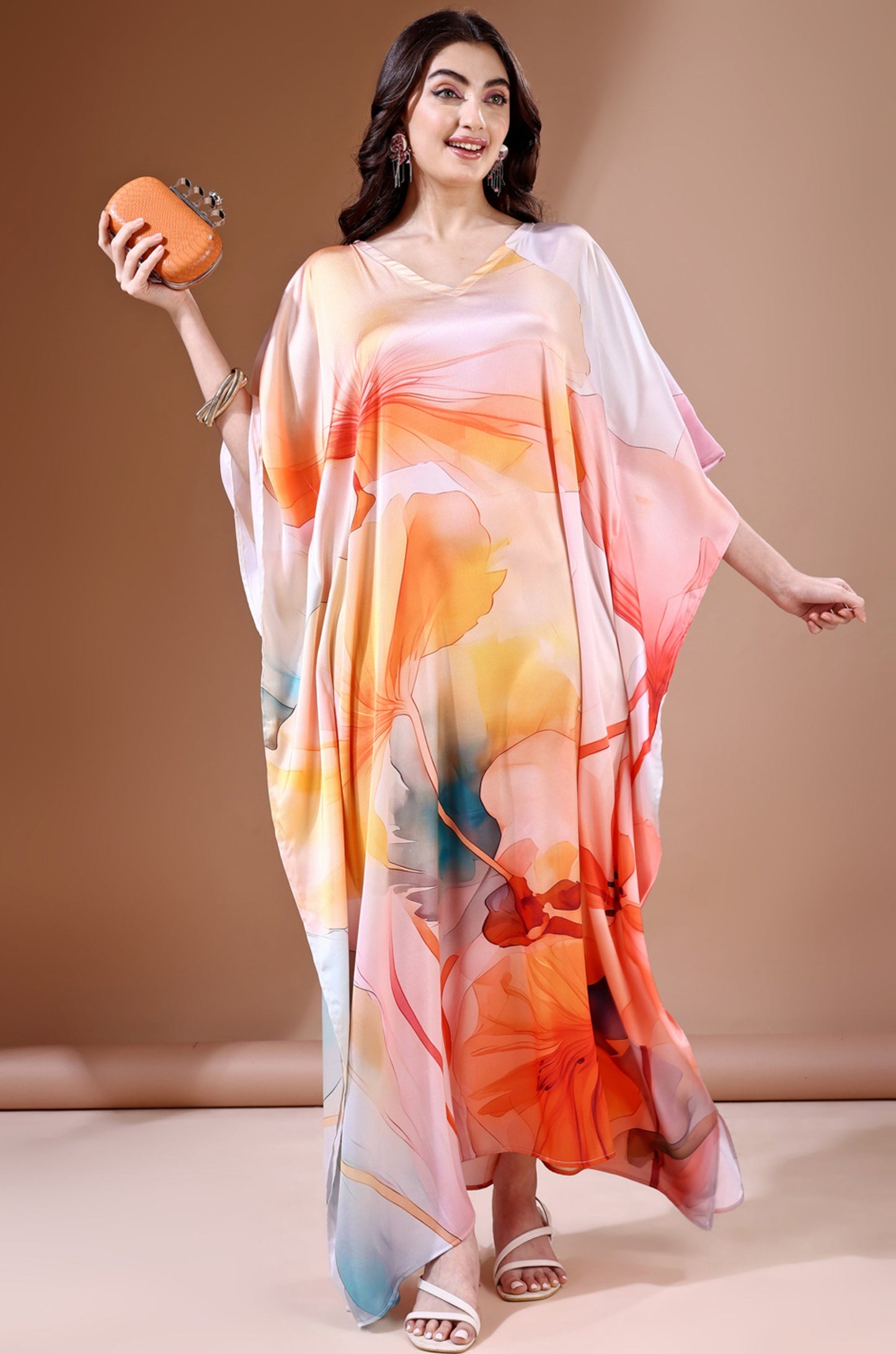 Vibrant Oasis Soft Satin Kaftan with Digital Print