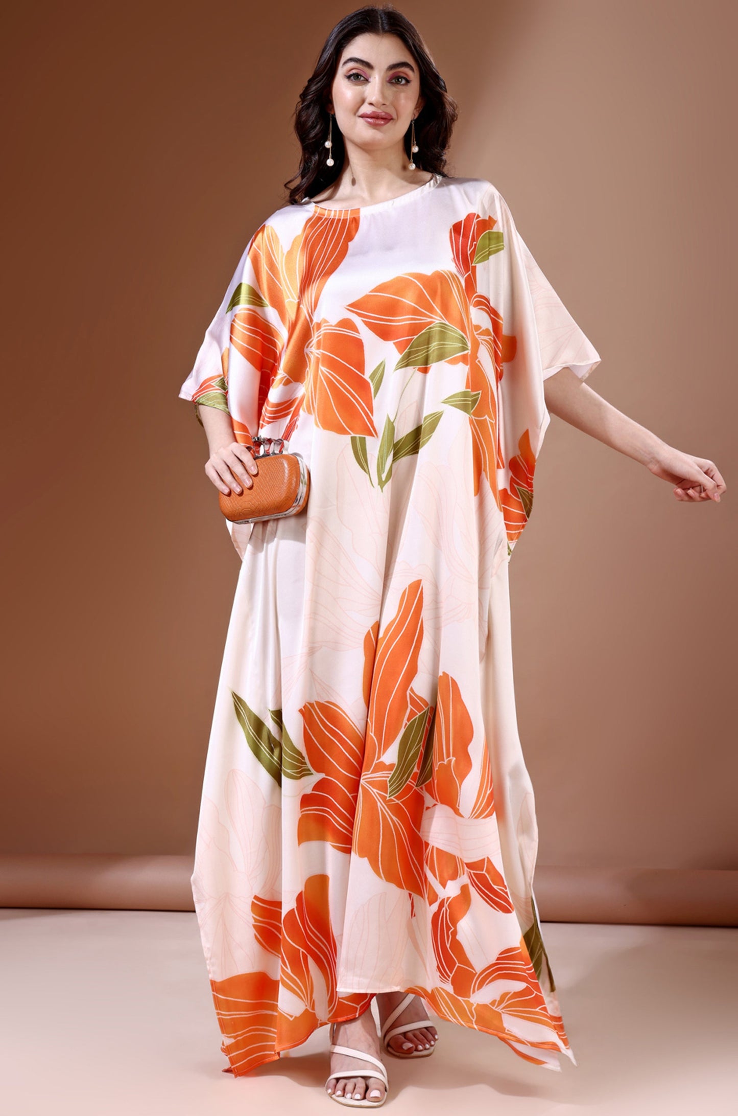 Tangerine Blossom Soft Satin Kaftan with Digital Print