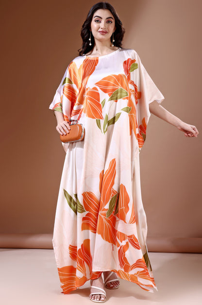 Tangerine Blossom Soft Satin Kaftan with Digital Print