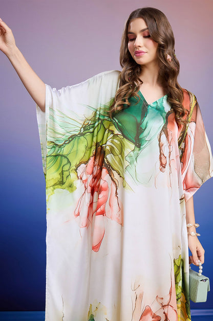Luminous Garden Soft Satin Kaftan with Digital Print