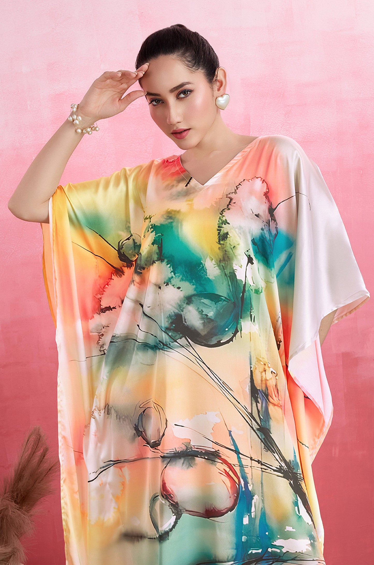 Floral Fantasy Soft Satin Kaftan
