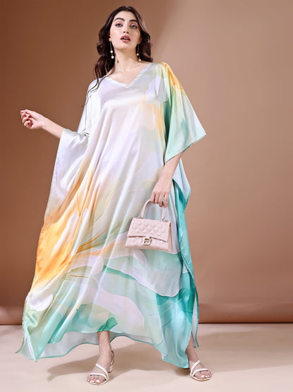 Aqua Waves Soft Satin Kaftan with Digital Print