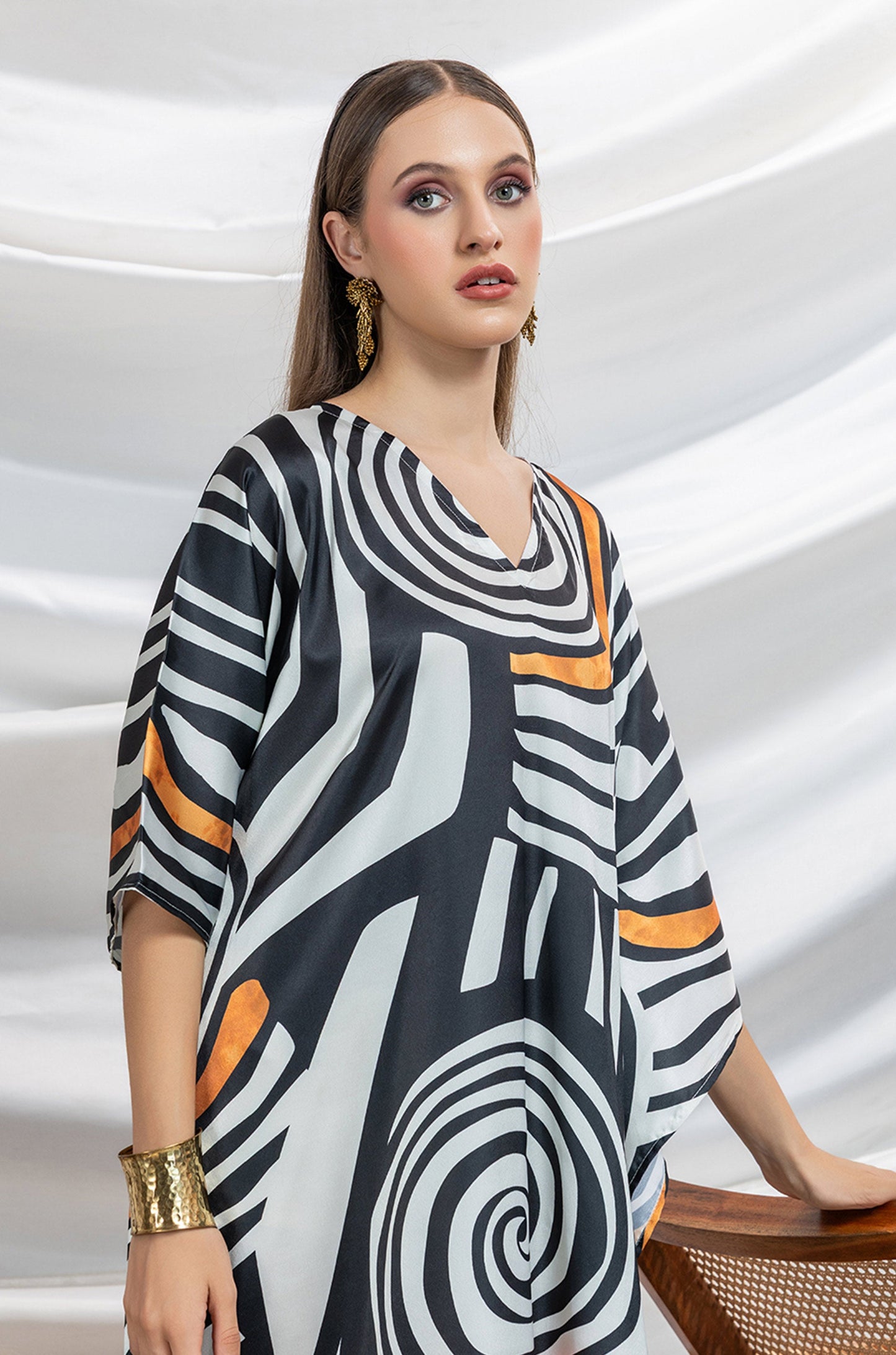 Monochrome Twist Soft Satin Women Dress Kaftan