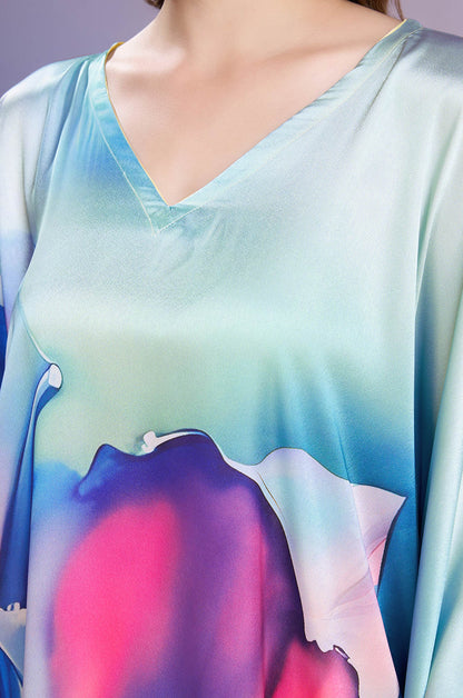 Blue Petal Grace Soft Satin Kaftan with Digital Print