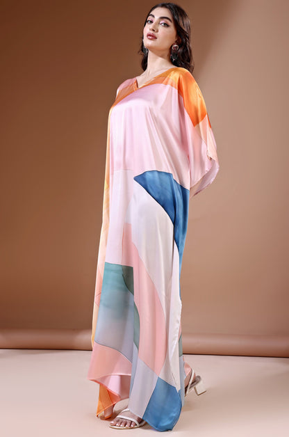 Pastel Dreamscape Soft Satin Kaftan with Digital Print