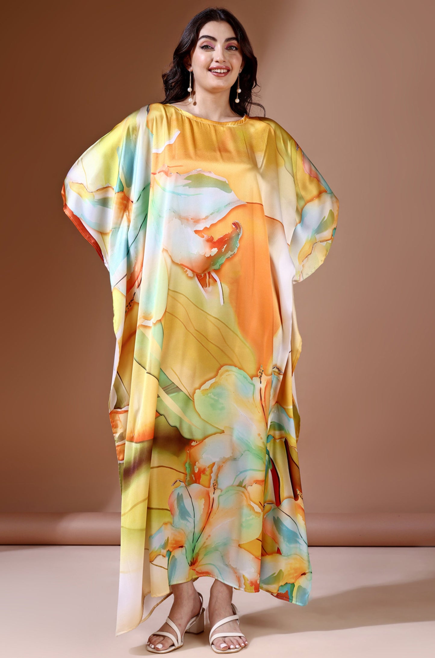 Sunset Bloom Soft Satin Kaftan with Digital Print