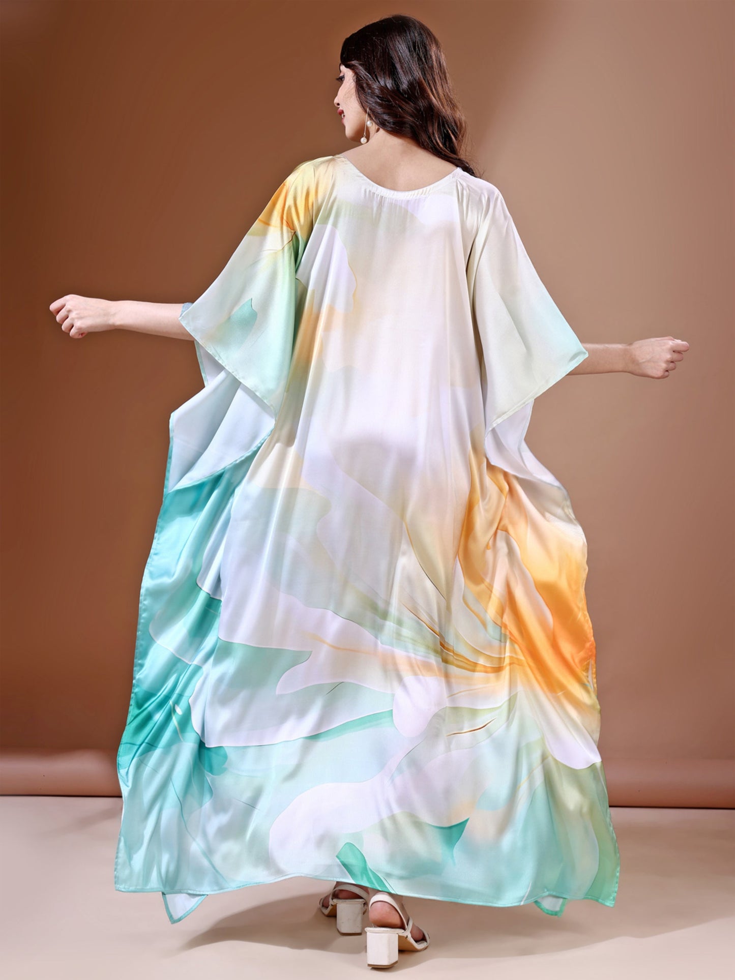 Aqua Waves Soft Satin Kaftan with Digital Print