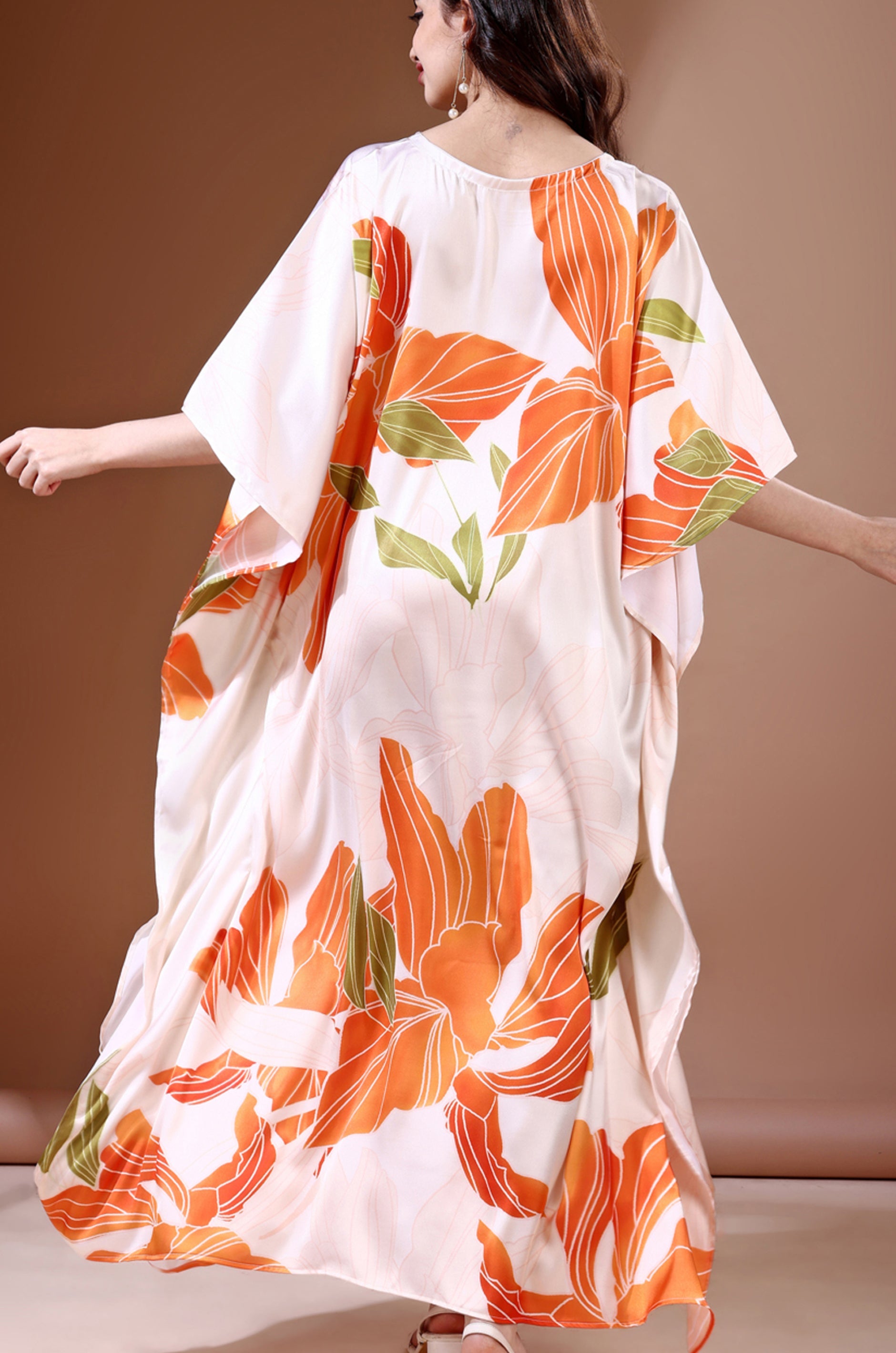 Tangerine Blossom Soft Satin Kaftan with Digital Print