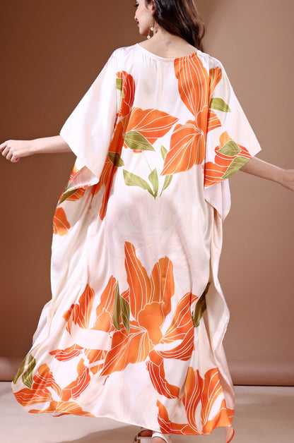 Tangerine Blossom Soft Satin Kaftan with Digital Print