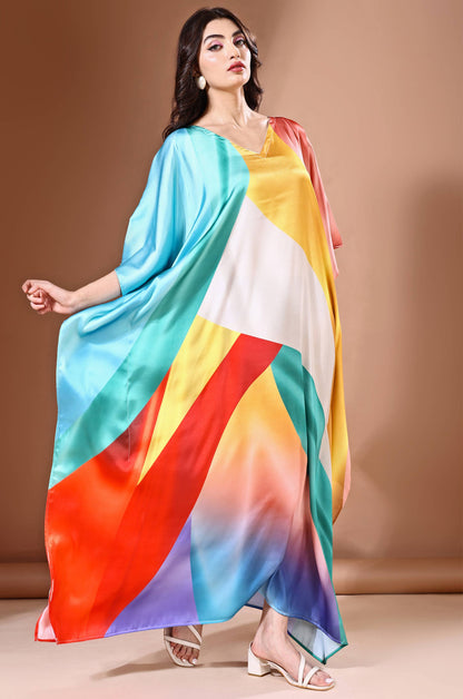 Rainbow Mirage Soft Satin Kaftan with Digital Print