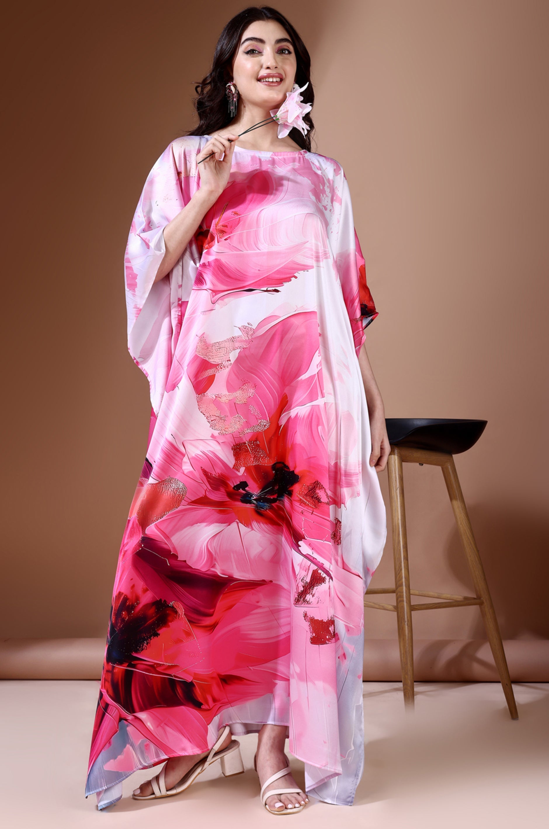 Pink Haven Soft Satin Kaftan with Digital Print