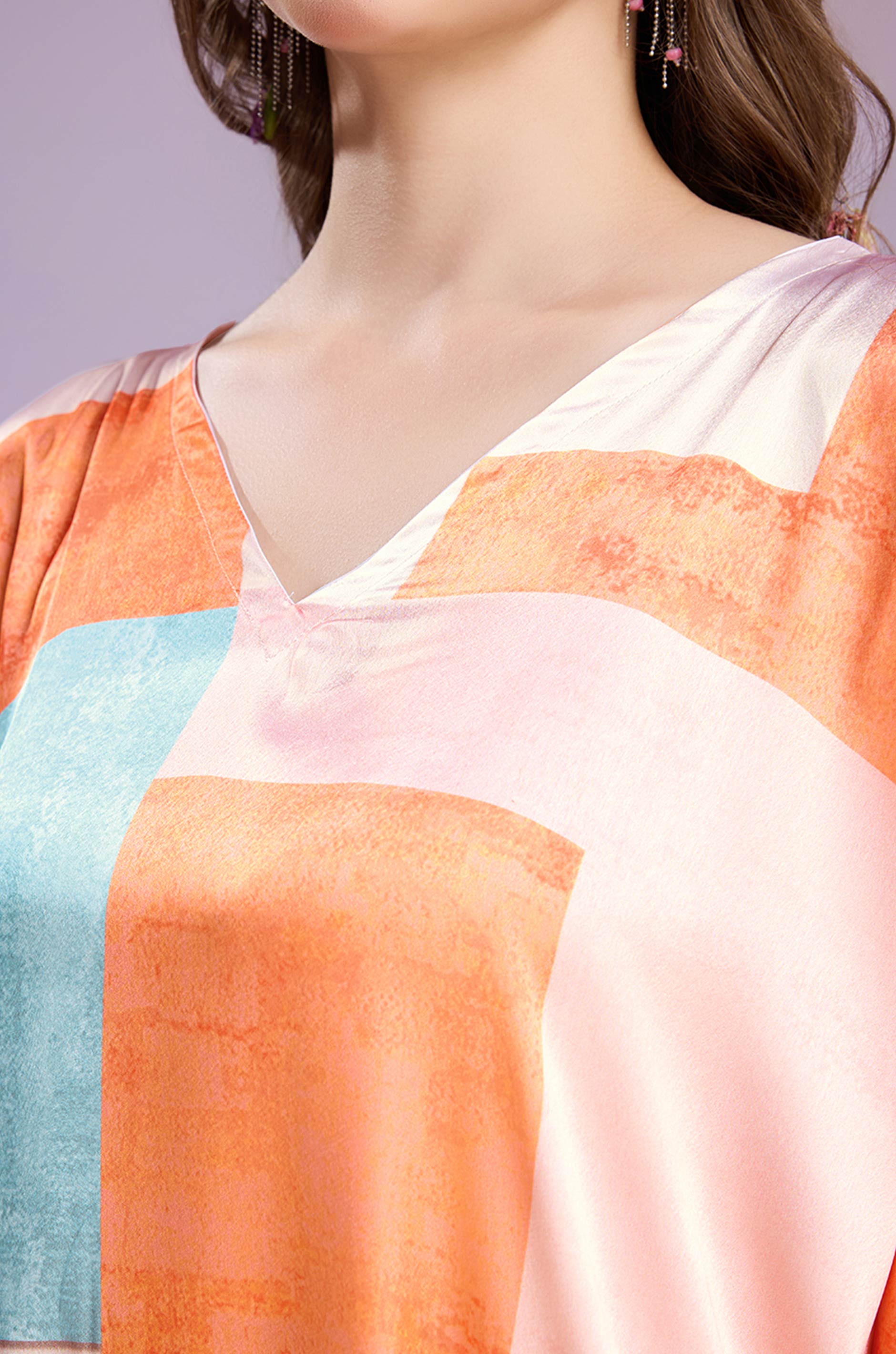 Saffron Breeze Soft Satin Kaftan with Digital Print