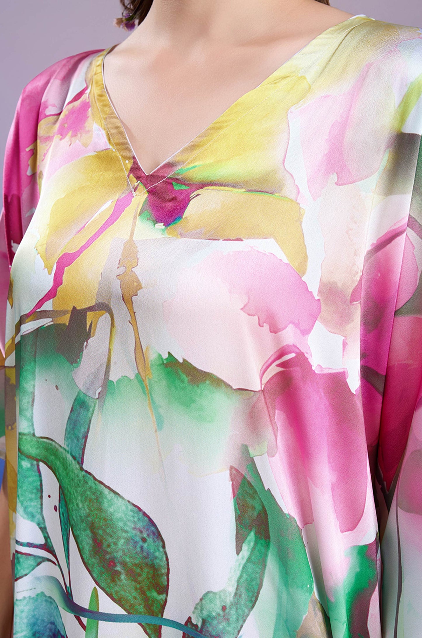 Leafy Dawn Soft Satin Kaftan with Digital Print
