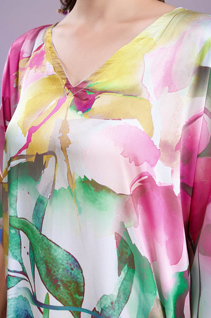 Leafy Dawn Soft Satin Kaftan with Digital Print