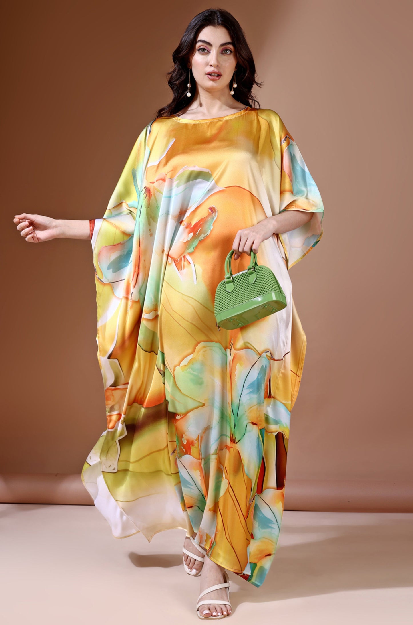 Sunset Bloom Soft Satin Kaftan with Digital Print
