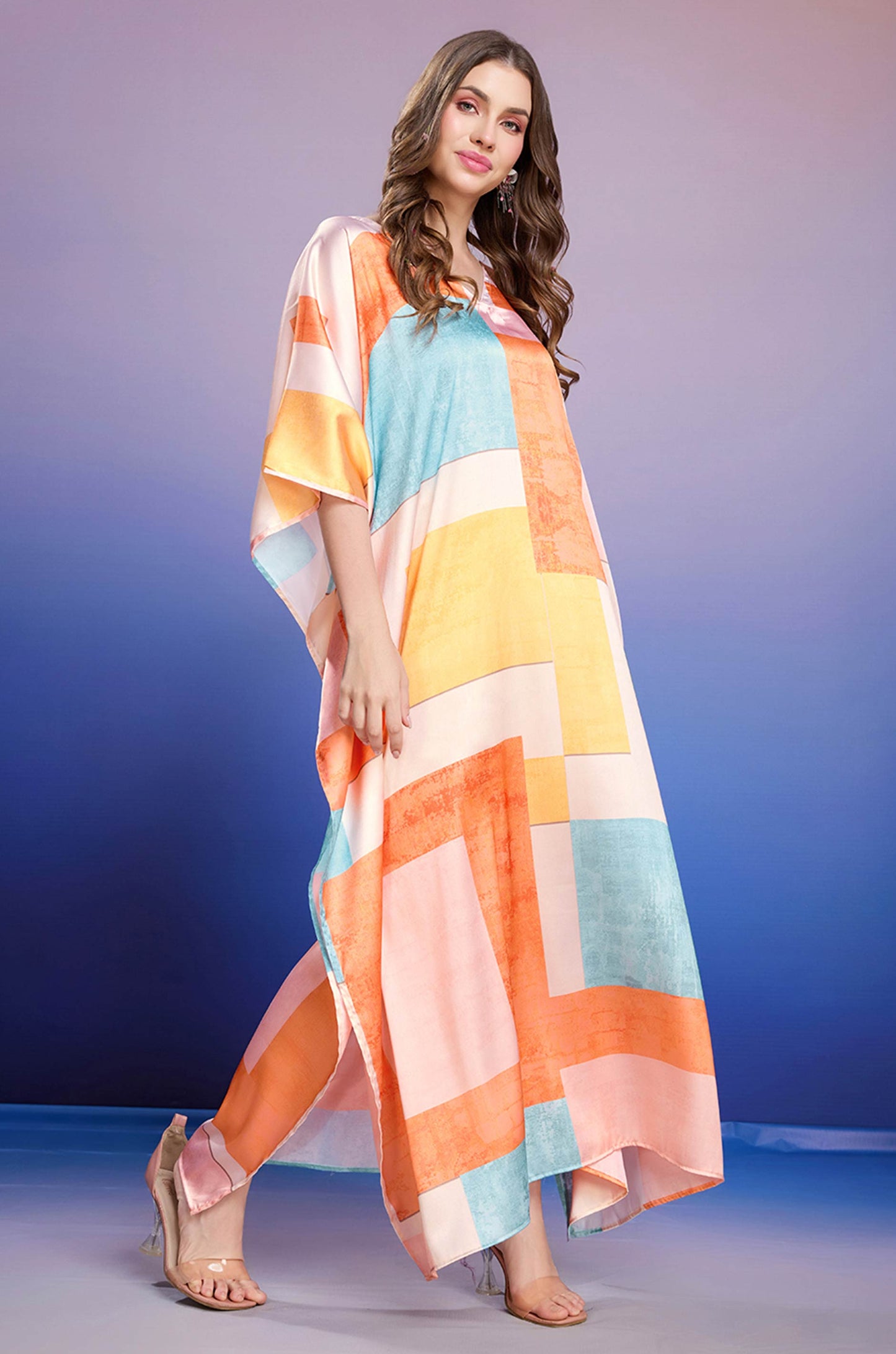Saffron Breeze Soft Satin Kaftan with Digital Print
