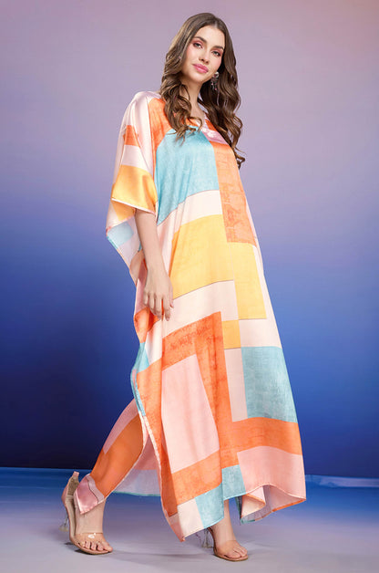 Saffron Breeze Soft Satin Kaftan with Digital Print