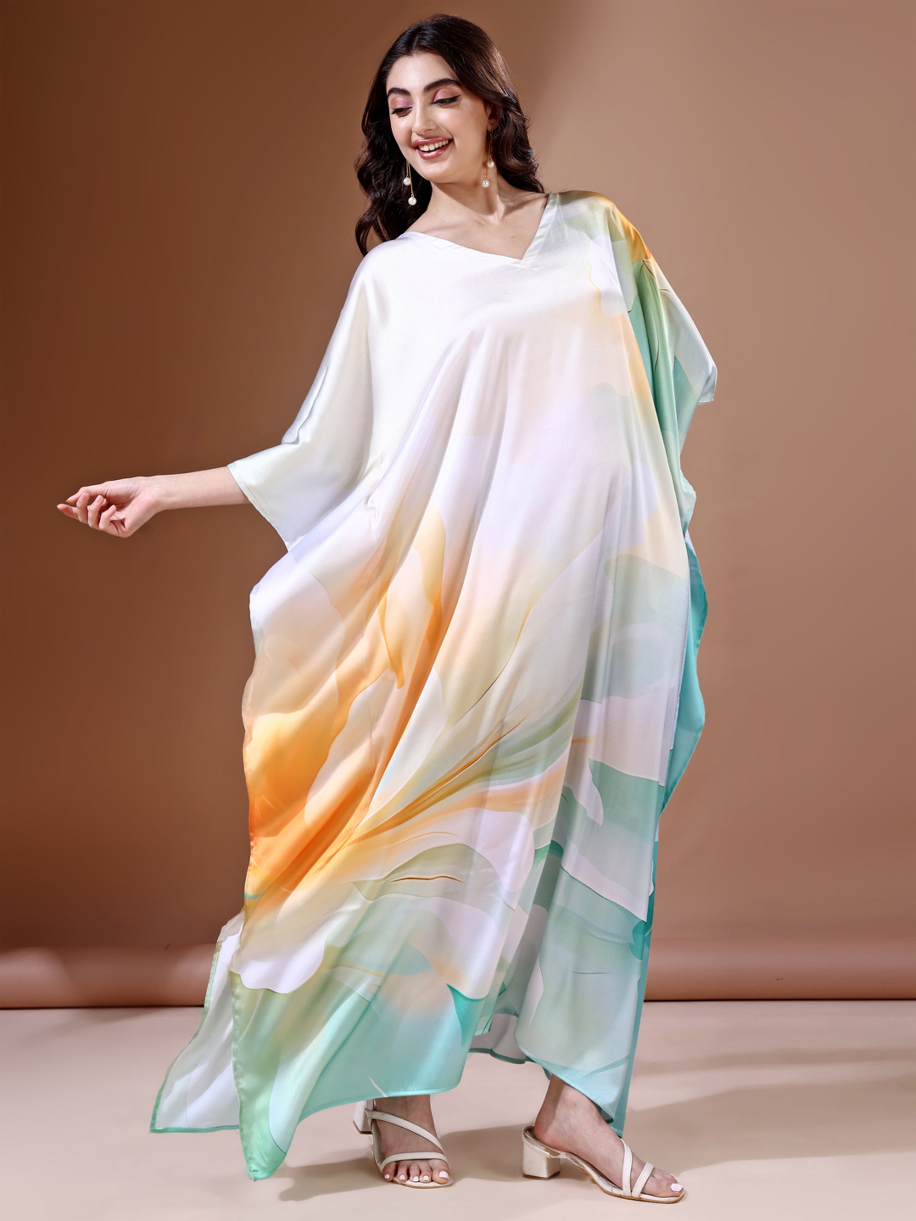 Aqua Waves Soft Satin Kaftan with Digital Print